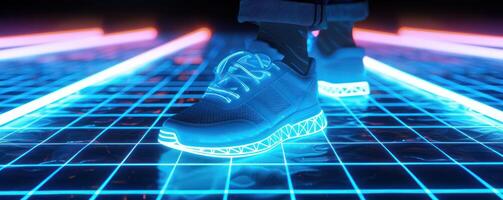 AI generated A sneaker, illuminated by striking blue lights, stands on a grid of futuristic design, accented with glowing neon lines, evoking a sleek and modern aesthetic. photo