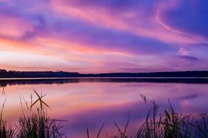 sereno aguas un feliz reflexión de un hermosa pastel lago y cielo, dónde tranquilidad Satisface de la naturaleza paleta, creando un armonioso oasis de suave matices y etéreo belleza foto