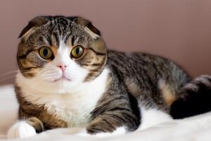 Exploring the Allure of a Beautiful Scottish Fold Cat, where Whiskered Elegance and Playful Charm Unite in a Mesmerizing Portrait of Cuddly Delight photo