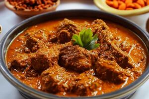 saborear el Exquisito Cordero o carne de vaca curry rendang, Listo a ser disfruté en eid al adha, capturar el esencia de celebracion en un Perfecto foto, exhibiendo culinario maestría y festivo indulgencia foto