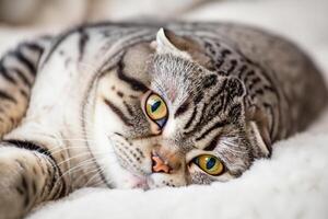 Exploring the Allure of a Beautiful Scottish Fold Cat, where Whiskered Elegance and Playful Charm Unite in a Mesmerizing Portrait of Cuddly Delight photo