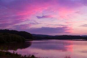 sereno aguas un feliz reflexión de un hermosa pastel lago y cielo, dónde tranquilidad Satisface de la naturaleza paleta, creando un armonioso oasis de suave matices y etéreo belleza foto