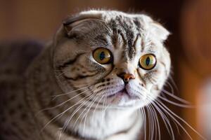 Exploring the Allure of a Beautiful Scottish Fold Cat, where Whiskered Elegance and Playful Charm Unite in a Mesmerizing Portrait of Cuddly Delight photo