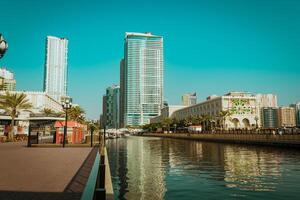 Sharjah ciudad, ver de el moderno ciudad, gaviotas en el ciudad foto