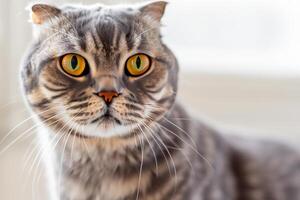 Exploring the Allure of a Beautiful Scottish Fold Cat, where Whiskered Elegance and Playful Charm Unite in a Mesmerizing Portrait of Cuddly Delight photo