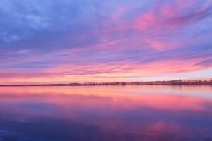 sereno aguas un feliz reflexión de un hermosa pastel lago y cielo, dónde tranquilidad Satisface de la naturaleza paleta, creando un armonioso oasis de suave matices y etéreo belleza foto