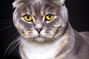 Exploring the Allure of a Beautiful Scottish Fold Cat, where Whiskered Elegance and Playful Charm Unite in a Mesmerizing Portrait of Cuddly Delight photo