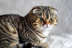 Exploring the Allure of a Beautiful Scottish Fold Cat, where Whiskered Elegance and Playful Charm Unite in a Mesmerizing Portrait of Cuddly Delight photo