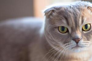 Exploring the Allure of a Beautiful Scottish Fold Cat, where Whiskered Elegance and Playful Charm Unite in a Mesmerizing Portrait of Cuddly Delight photo