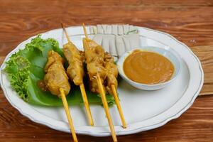 complacer en el belleza de hermosa satay, dónde brochetas de marinado deleite son a la parrilla a dorado perfección, ofrecimiento un sinfonía de sabor en cada morder, un culinario arte a saborear foto