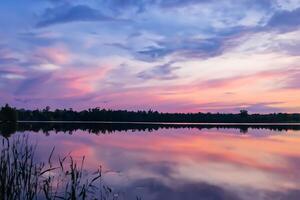 Serene Waters A Blissful Reflection of a Beautiful Pastel Lake and Sky, Where Tranquility Meets Nature's Palette, Creating a Harmonious Oasis of Soft Hues and Ethereal Beauty photo