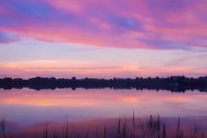 Serene Waters A Blissful Reflection of a Beautiful Pastel Lake and Sky, Where Tranquility Meets Nature's Palette, Creating a Harmonious Oasis of Soft Hues and Ethereal Beauty photo