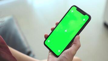 utilizzando smartphone verde schermo nel casa, mano Tenere Telefono verticale video