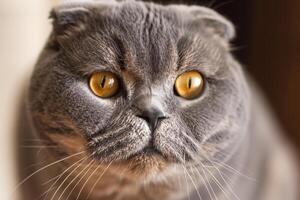 Exploring the Allure of a Beautiful Scottish Fold Cat, where Whiskered Elegance and Playful Charm Unite in a Mesmerizing Portrait of Cuddly Delight photo