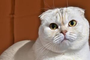 Exploring the Allure of a Beautiful Scottish Fold Cat, where Whiskered Elegance and Playful Charm Unite in a Mesmerizing Portrait of Cuddly Delight photo