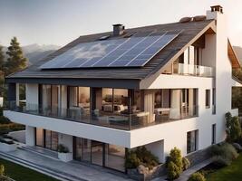 AI generated Modern house with solar panels on the roof, renewable green energy concept, architecture background photo