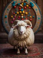 AI generated Funny Ramadan sheep portrait, animals background, wallpaper photo