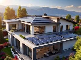 AI generated Modern house with solar panels on the roof, renewable green energy concept, architecture background photo