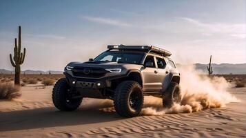 AI generated Modern off road vehicle driving trough desert and sand dunes, auto adventure concept, automotive background, action wallpaper photo