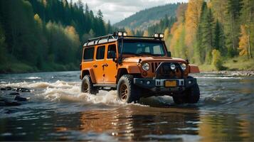 AI generated Modern off road vehicle driving trough river in the forest, auto adventure concept, automotive background, action wallpaper photo