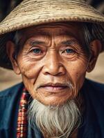 AI generated loseup portrait of elderly wise Vietnamese man, rural area people, diversity photo