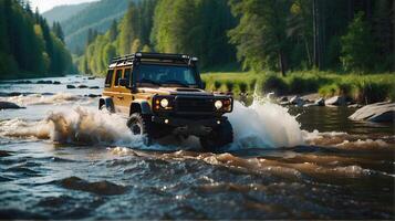 ai generado moderno apagado la carretera vehículo conducción canal río en el bosque, auto aventuras concepto, automotor fondo, acción fondo de pantalla foto