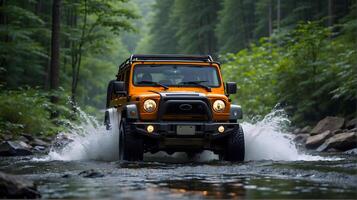 ai generado moderno apagado la carretera vehículo conducción canal río en el bosque, auto aventuras concepto, automotor fondo, acción fondo de pantalla foto