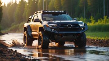 ai generado moderno apagado la carretera vehículo conducción canal río en el bosque, auto aventuras concepto, automotor fondo, acción fondo de pantalla foto