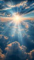 AI generated Ethereal beauty Sun rays pierce clouds, revealing a serene panorama Vertical Mobile Wallpaper photo