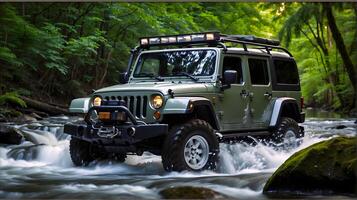 AI generated Modern off road vehicle driving trough river in the forest, auto adventure concept, automotive background, action wallpaper photo