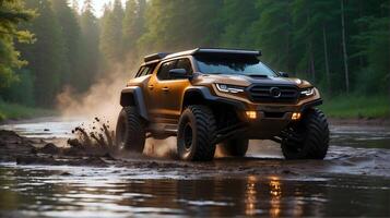 AI generated Modern off road vehicle driving trough river in the forest, auto adventure concept, automotive background, action wallpaper photo