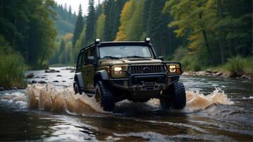 ai generado moderno apagado la carretera vehículo conducción canal río en el bosque, auto aventuras concepto, automotor fondo, acción fondo de pantalla foto