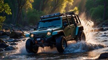AI generated Modern off road vehicle driving trough river in the forest, auto adventure concept, automotive background, action wallpaper photo