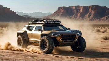 AI generated Modern off road vehicle driving trough desert and sand dunes, auto adventure concept, automotive background, action wallpaper photo