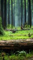 AI generated Piece of log amidst lush greenery in a serene forest Vertical Mobile Wallpaper photo