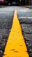 AI generated Street scene with yellow line on fresh asphalt, textured background Vertical Mobile Wallpaper photo