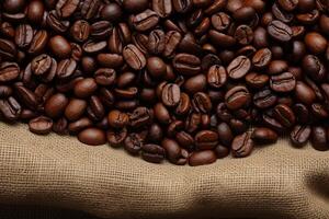 AI generated Warm and inviting Roasted coffee beans on a sack background photo