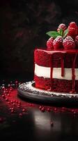 AI generated Luscious dessert Red Velvet Cake on dark background, ample text space Vertical Mobile Wallpaper photo