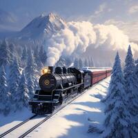 AI generated Snowy express Steam train glides through a serene snowy setting For Social Media Post Size photo