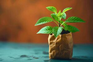 AI generated Eco chic Small green plant in a paper bag, sustainability concept photo