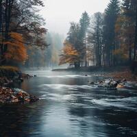 AI generated Misty woodland Winding river, autumn trees, serene morning with text space For Social Media Post Size photo