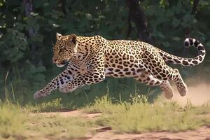 ai generado felino movimiento leopardo capturado en acción, corriendo mediante el bosque foto