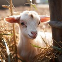 ai generado adorable escena bebé cabra jugando con bambú cerca en granja para social medios de comunicación enviar Talla foto