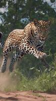 AI generated Feline motion Leopard captured in action, running through the forest Vertical Mobile Wallpaper photo