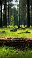 AI generated Forest scene Piece of log on green grass among pine trees Vertical Mobile Wallpaper photo