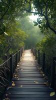 AI generated Wooden bridge in mangrove forest Ideal for outdoor tourism scenes Vertical Mobile Wallpaper photo