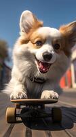 AI generated Urban charm Adorable pup masters skateboard, bringing joy to city life Vertical Mobile Wallpaper photo