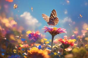 ai generado floral magia zinnia jardín adornado con el presencia de un mariposa foto