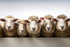 AI generated Sheep in a row on a white background, with copy space photo