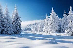 AI generated Winter charm Snow covered fir trees beneath a clear blue sky photo
